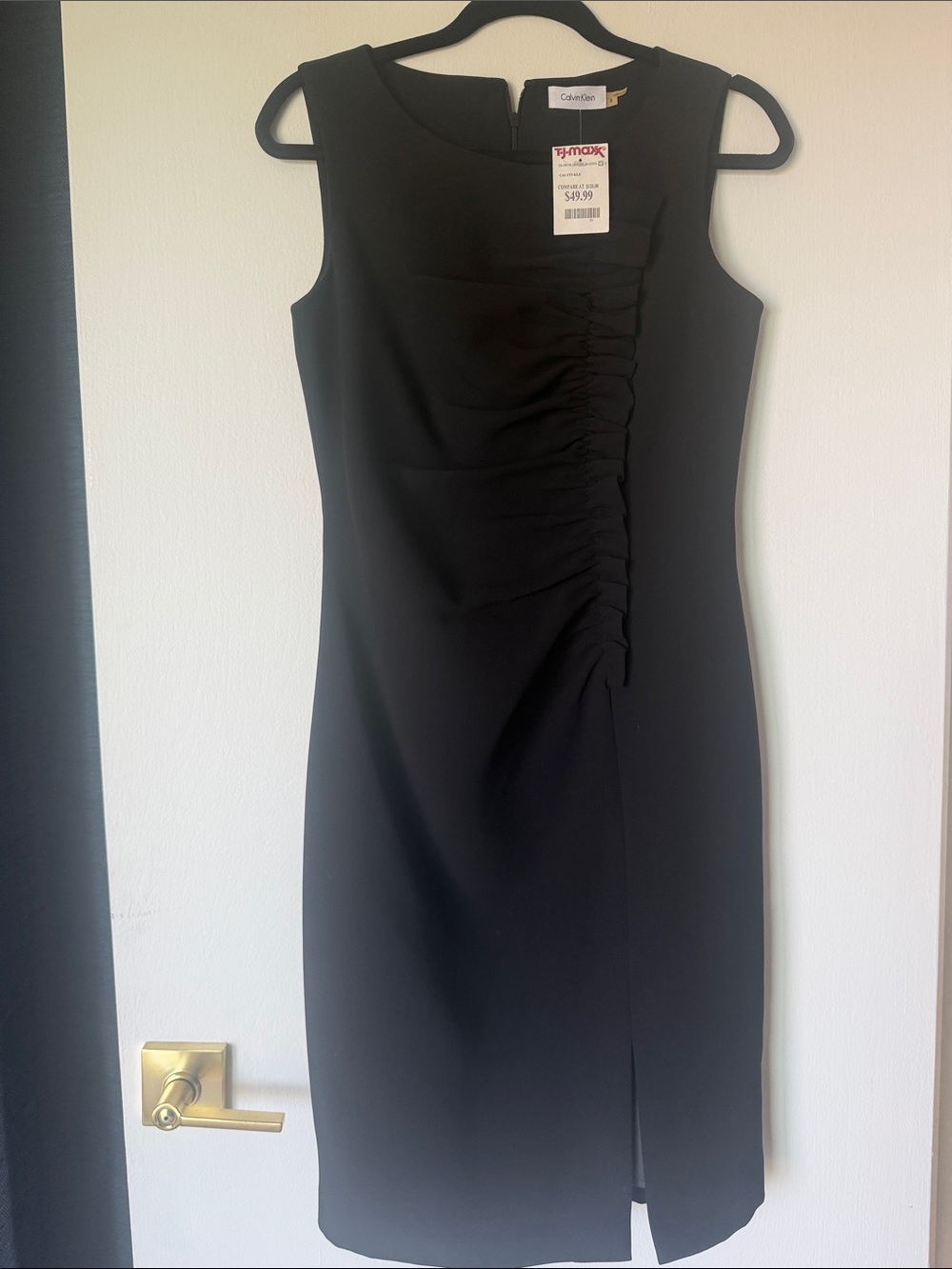Calvin Klein Black Sleeveless Ruched Sheath Dress with Front Slit